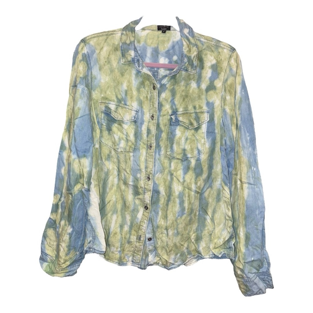 Lana Collection by Yossi Tie Dye Button Up Blue Green Boho Artsy Top Size L AR2